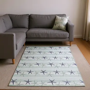 10' X 14' Aqua Navy Blue And Ivory Geometric Washable Area Rug With UV Protection