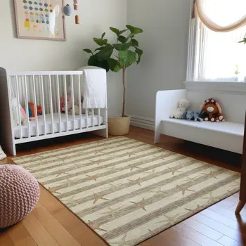 5' X 8' Tan Gold And Beige Geometric Washable Area Rug With UV Protection