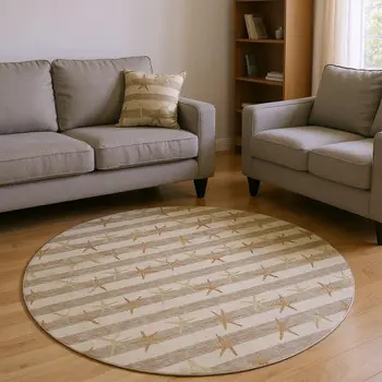 8' Tan Gold And Beige Geometric Washable Round Rug With UV Protection