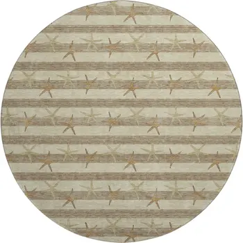 8' Tan Gold And Beige Geometric Washable Round Rug With UV Protection