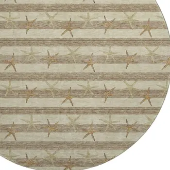 8' Tan Gold And Beige Geometric Washable Round Rug With UV Protection