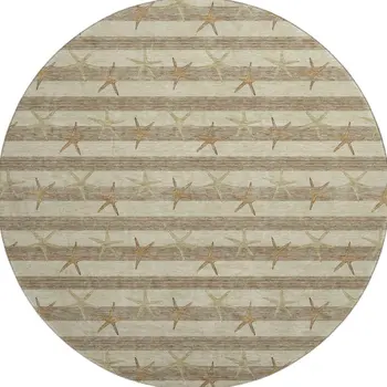 8' Tan Gold And Beige Geometric Washable Round Rug With UV Protection