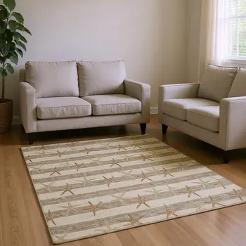 10' X 14' Tan Gold And Beige Geometric Washable Area Rug With UV Protection