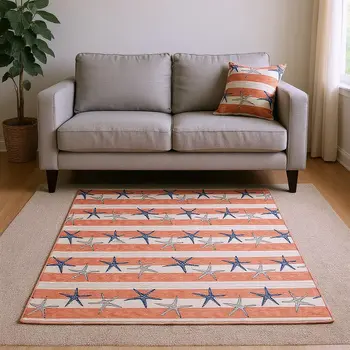 5' X 8' Coral Ivory And Navy Blue Geometric Washable Area Rug With UV Protection