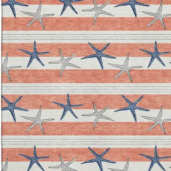 5' X 8' Coral Ivory And Navy Blue Geometric Washable Area Rug With UV Protection
