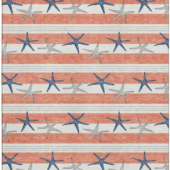 5' X 8' Coral Ivory And Navy Blue Geometric Washable Area Rug With UV Protection