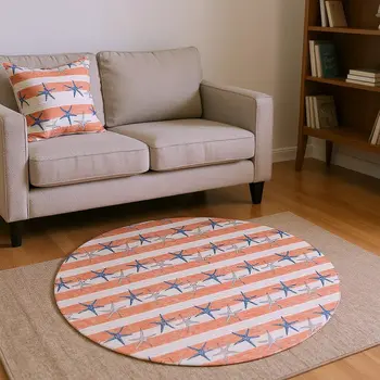 8' Coral Ivory And Navy Blue Geometric Washable Round Rug With UV Protection