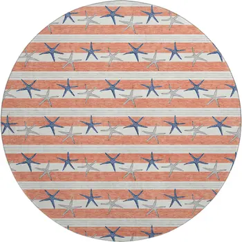 8' Coral Ivory And Navy Blue Geometric Washable Round Rug With UV Protection
