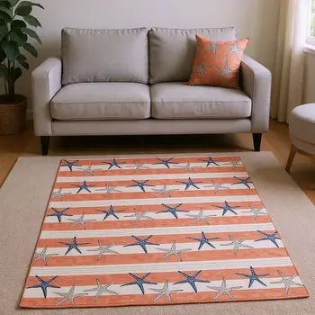 8' X 10' Coral Ivory And Navy Blue Geometric Washable Area Rug With UV Protection