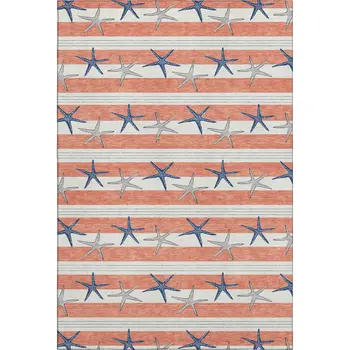 8' X 10' Coral Ivory And Navy Blue Geometric Washable Area Rug With UV Protection