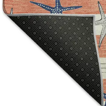 8' X 10' Coral Ivory And Navy Blue Geometric Washable Area Rug With UV Protection