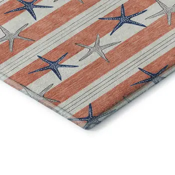 8' X 10' Coral Ivory And Navy Blue Geometric Washable Area Rug With UV Protection