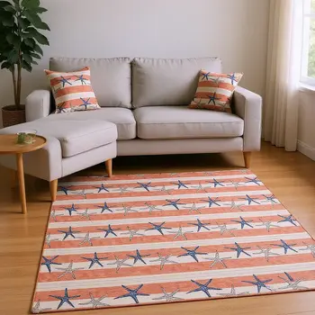 9' X 12' Coral Ivory And Navy Blue Geometric Washable Area Rug With UV Protection