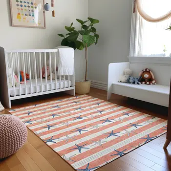 9' X 12' Coral Ivory And Navy Blue Geometric Washable Area Rug With UV Protection