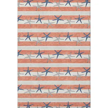 9' X 12' Coral Ivory And Navy Blue Geometric Washable Area Rug With UV Protection