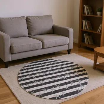 8' Midnight And Ivory Geometric Washable Round Rug With UV Protection