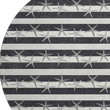 8' Midnight And Ivory Geometric Washable Round Rug With UV Protection
