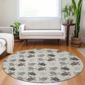 8' Sand Ivory And Gray Geometric Washable Round Rug With UV Protection