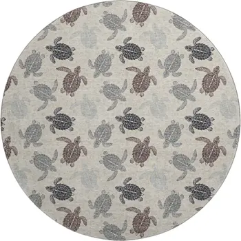 8' Sand Ivory And Gray Geometric Washable Round Rug With UV Protection