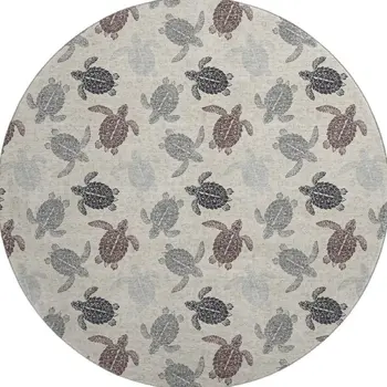 8' Sand Ivory And Gray Geometric Washable Round Rug With UV Protection