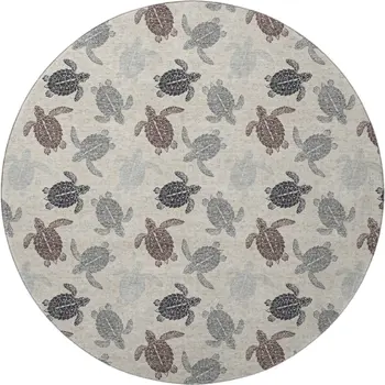 8' Sand Ivory And Gray Geometric Washable Round Rug With UV Protection