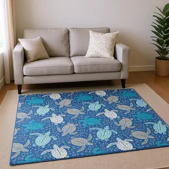 5' X 8' Blue Ivory And Gray Geometric Washable Area Rug With UV Protection