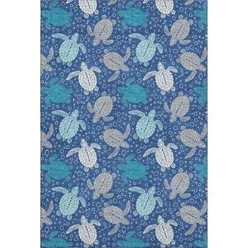 5' X 8' Blue Ivory And Gray Geometric Washable Area Rug With UV Protection