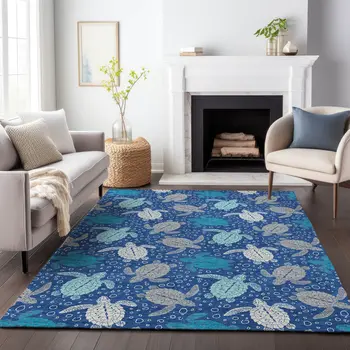 5' X 8' Blue Ivory And Gray Geometric Washable Area Rug With UV Protection