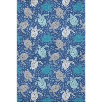 5' X 8' Blue Ivory And Gray Geometric Washable Area Rug With UV Protection