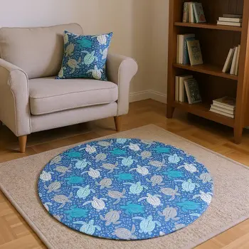 8' Blue Ivory And Gray Geometric Washable Round Rug With UV Protection