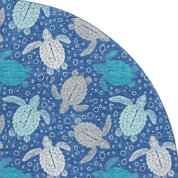 8' Blue Ivory And Gray Geometric Washable Round Rug With UV Protection