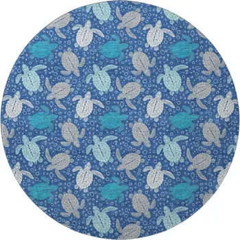 8' Blue Ivory And Gray Geometric Washable Round Rug With UV Protection