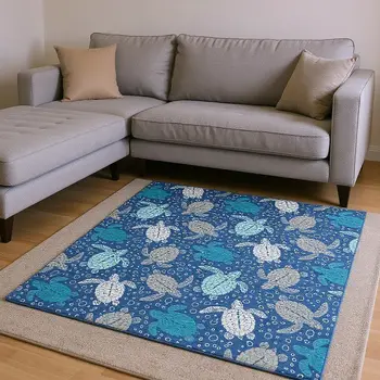 8' X 10' Blue Ivory And Gray Geometric Washable Area Rug With UV Protection