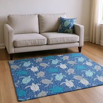 9' X 12' Blue Ivory And Gray Geometric Washable Area Rug With UV Protection