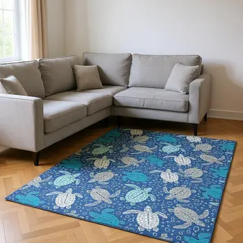 10' X 14' Blue Ivory And Gray Geometric Washable Area Rug With UV Protection