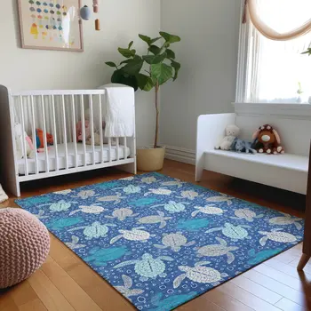 10' X 14' Blue Ivory And Gray Geometric Washable Area Rug With UV Protection