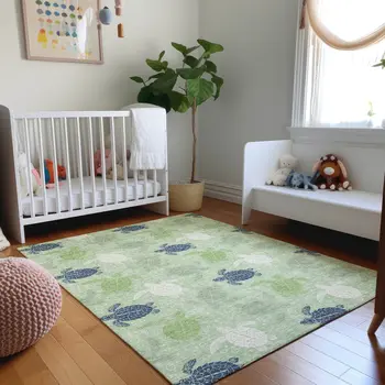 5' X 8' Green Ivory And Navy Blue Geometric Washable Area Rug With UV Protection