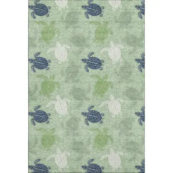 5' X 8' Green Ivory And Navy Blue Geometric Washable Area Rug With UV Protection