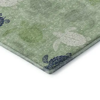 5' X 8' Green Ivory And Navy Blue Geometric Washable Area Rug With UV Protection