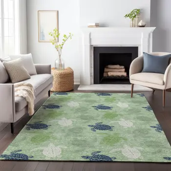 5' X 8' Green Ivory And Navy Blue Geometric Washable Area Rug With UV Protection