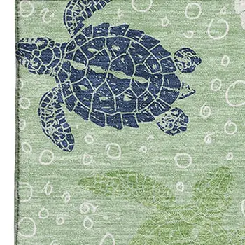 5' X 8' Green Ivory And Navy Blue Geometric Washable Area Rug With UV Protection