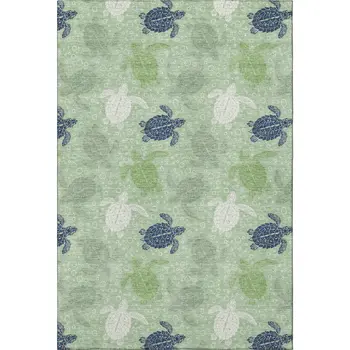 5' X 8' Green Ivory And Navy Blue Geometric Washable Area Rug With UV Protection