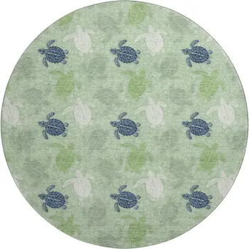 8' Green Ivory And Navy Blue Geometric Washable Round Rug With UV Protection