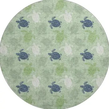 8' Green Ivory And Navy Blue Geometric Washable Round Rug With UV Protection