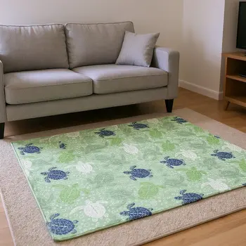 8' X 10' Green Ivory And Navy Blue Geometric Washable Area Rug With UV Protection