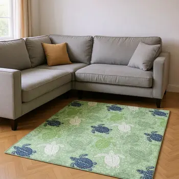 9' X 12' Green Ivory And Navy Blue Geometric Washable Area Rug With UV Protection