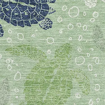 9' X 12' Green Ivory And Navy Blue Geometric Washable Area Rug With UV Protection