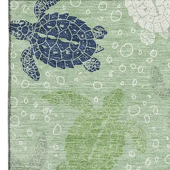 9' X 12' Green Ivory And Navy Blue Geometric Washable Area Rug With UV Protection