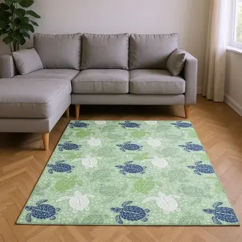 10' X 14' Green Ivory And Navy Blue Geometric Washable Area Rug With UV Protection