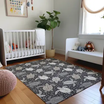 3' X 5' Midnight Ivory And Gray Geometric Washable Area Rug With UV Protection